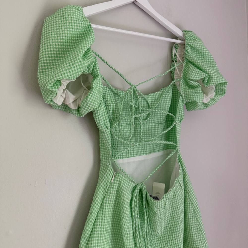 NWT Zara Lace Up Back Mini Dress Puff Sleeve Gingham Green and White Size Medium - Picture 8 of 12
